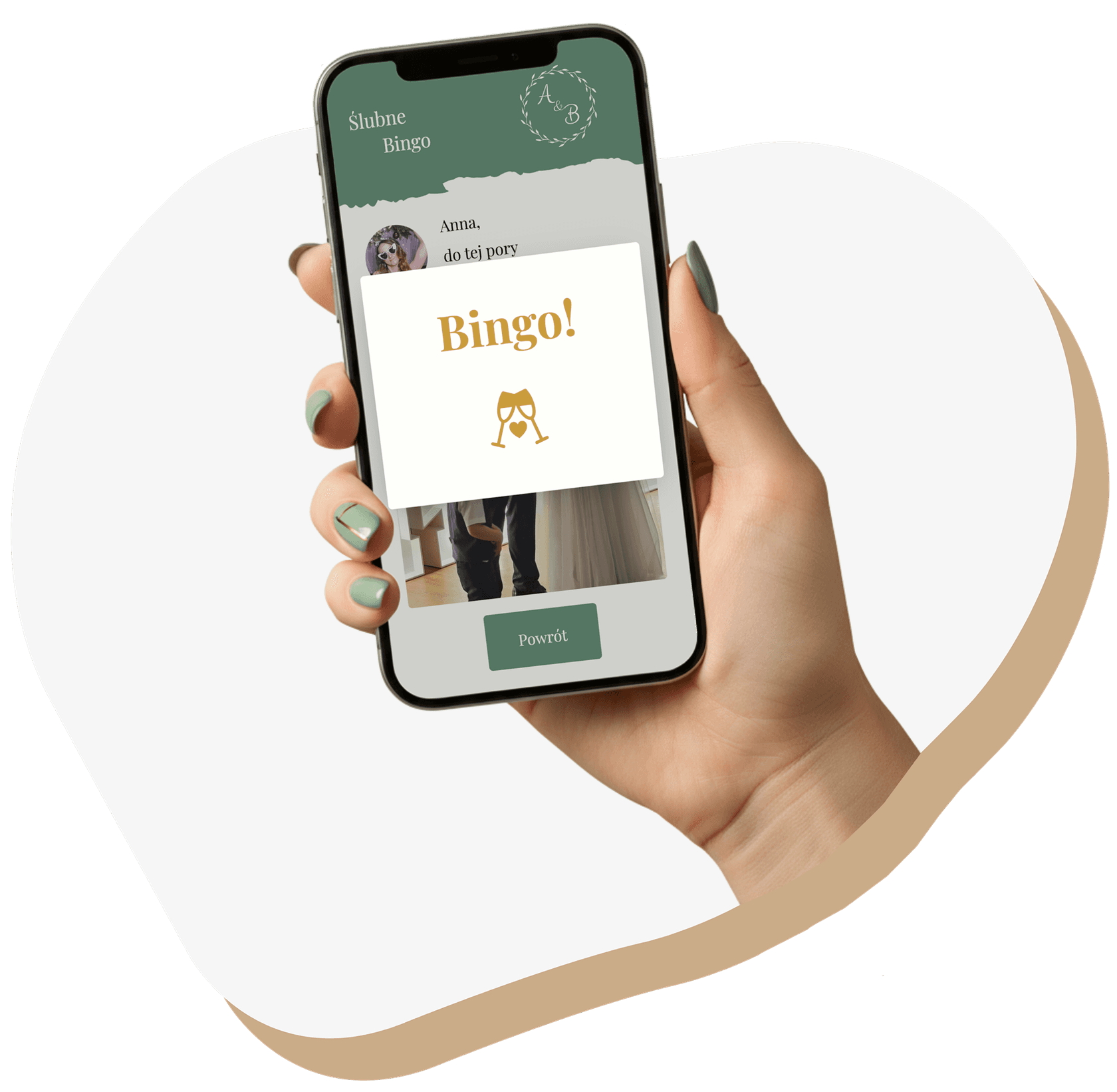 Telefon w dłoni z komunikatem Bingo w grze Ślubne Bingo